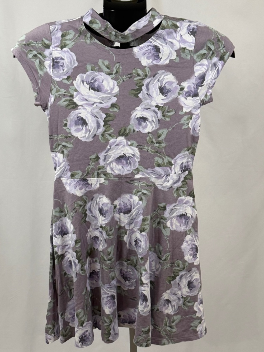 Girls L 10/12 Purple Floral Dress Cottagecore Skater Mock Neck Soft Grunge